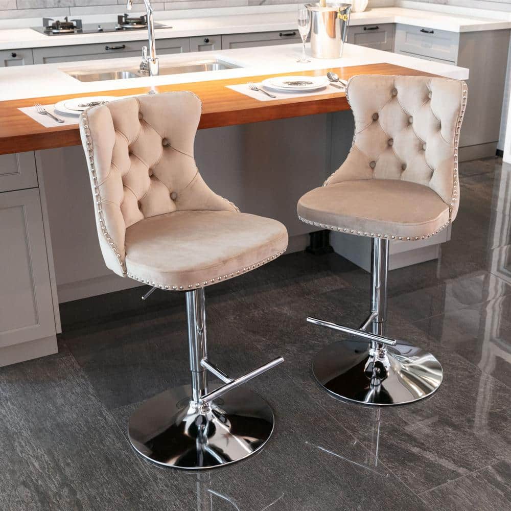 33 in. Khaki High Back Metal Barstools with Swivel Velvet Adjustable Seat 2