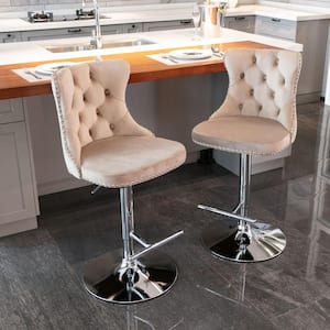 33 in. Khaki High Back Metal Barstools with Swivel Velvet Adjustable Seat 2 Sets included