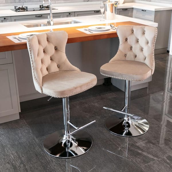 Aoibox 33 in. Khaki High Back Metal Barstools with Swivel Velvet Adjustable Seat 2 Sets included