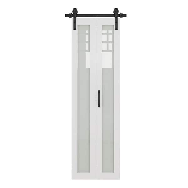 25 in. x 84 in. 1 Lite Tempered Frosted Glass White Finished MDF Bi-Fold Sliding Barn Door Slab with Hardware Kit
