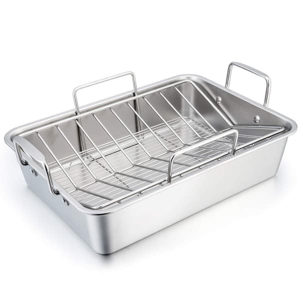 16 qt. Silver Stainless Steel Induction Safe Roasting Pan with V Rack and Cooling Rack Set for Healthy Baking