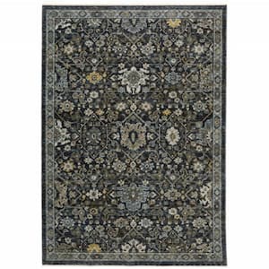 Blue Ivory Grey Gold Green and Brown 3 ft. x 5 ft. Oriental Power Loom Stain Resistant Fringe with Area Rug