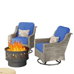 Eureka Gray 3-Piece Wicker Patio Conversation Swivel Chair Set with a Wood-Burning Fire Pit and Navy Blue Cushions