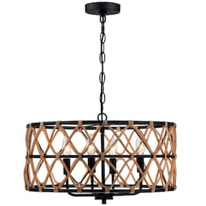 Trellis 20 in. 4-Light Black Drum Chandelier with Natural Rattan Shade