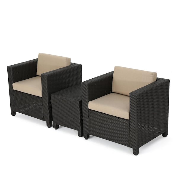 Noble House 3-Piece Faux Rattan Patio Conversation Set with Beige Cushions