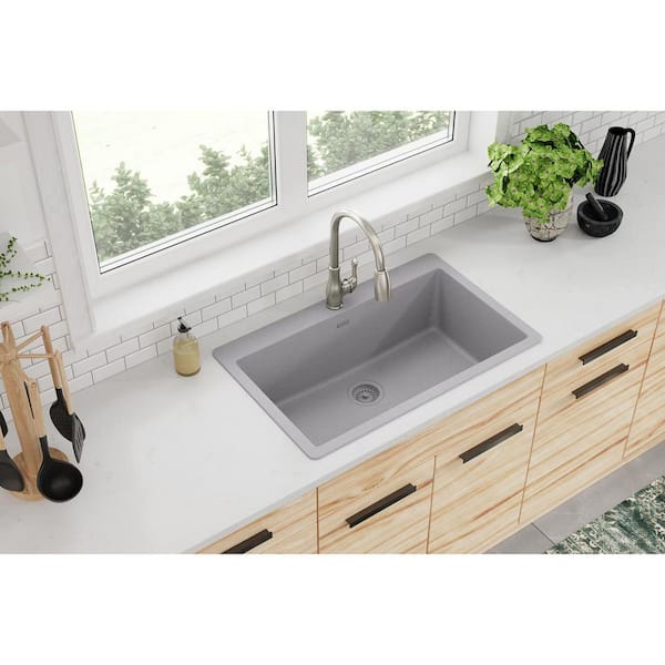Quartz Classic 33 in. Drop-in Single Bowl Greystone Granite/Quartz Composite Kitchen Sink Only
