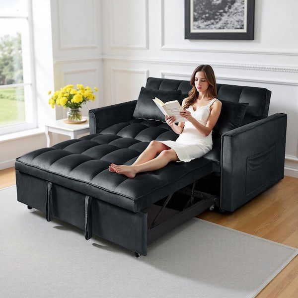 3-in-1 Convertible Loveseat 51 in. Black Suede Pull-Out Twin Size Sofa Bed with Pocket and Throw Pillow