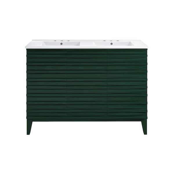 Cascade 48 in. Freestanding Green Oak Bath Vanity with White Ceramic 3-Hole Widespread Double Basin Sink Top