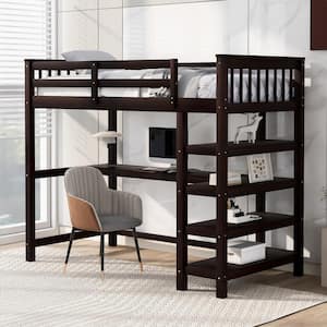 Twin Size Loft Bed with Desk and Storage Shelves, Wood Loft Bed Frame with Guard Rail for Kids, Teens, Adults, Espresso