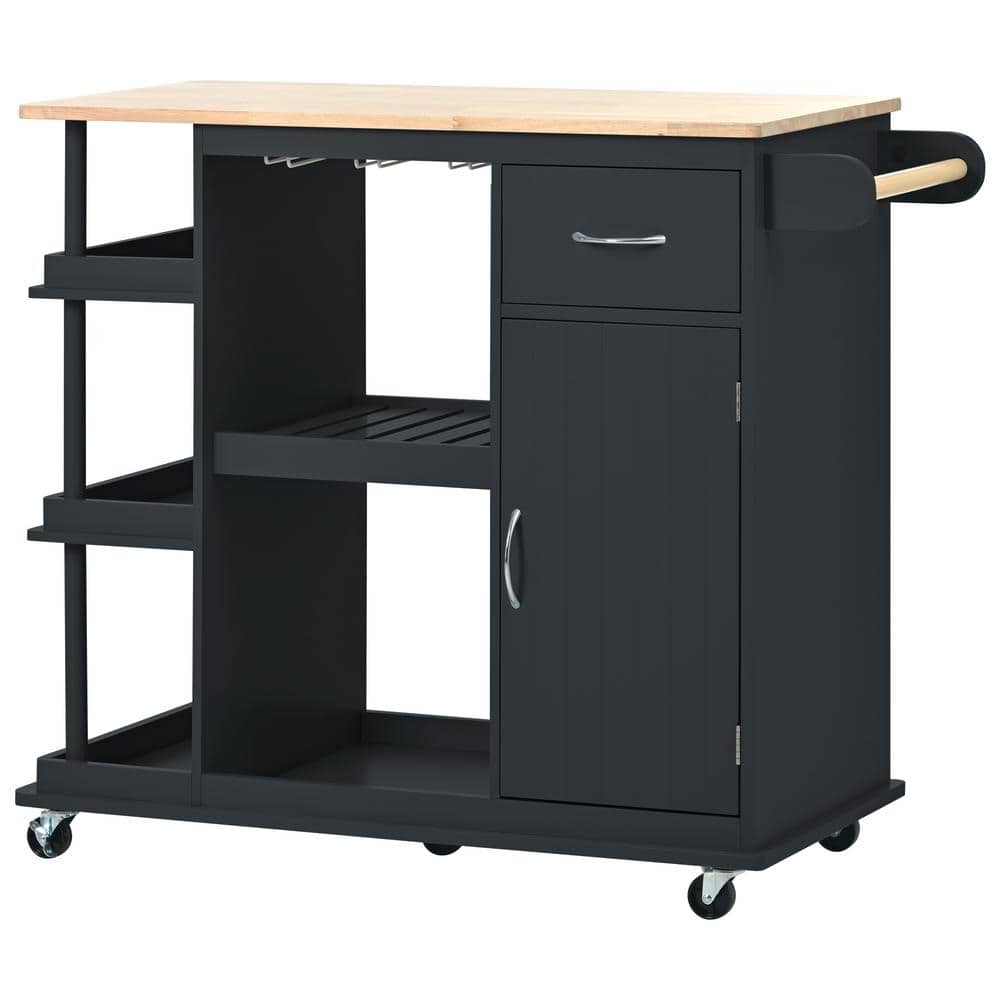 Tatahance Black Wood 40 in. Kitchen Island with Rubber Wood Top