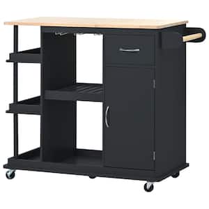 Black Wood 40 in. Kitchen Island with Rubber Wood Top, Adjustable Shelves and Wine Rack