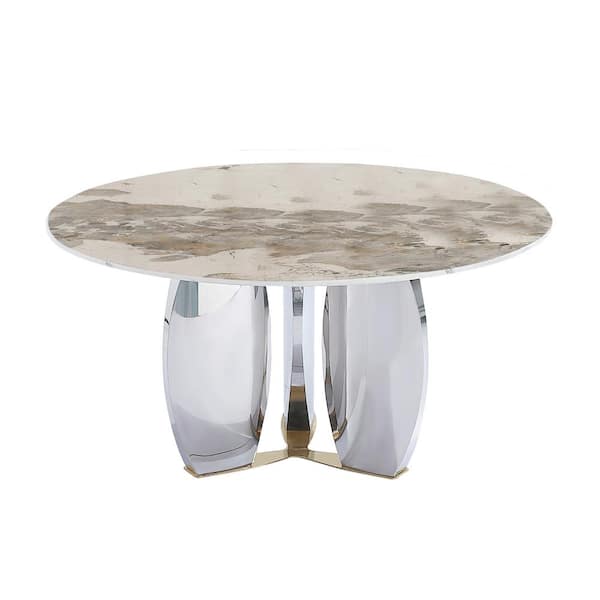 Lesly Modern Style Round Pandora Color Pandora Stone Tabletop 53.15 in. Stainless Steel Mirror Pedestal Dining Table (4 Seats)