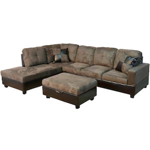 3-Seater Square Arm 3-Piece Microfiber and Faux Leather L-Shaped Sectional Sofa in Walnut with Ottoman