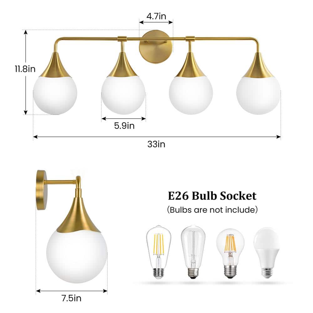 Brushed Gold 4-Light Vanity Fixture with White Glass Shades