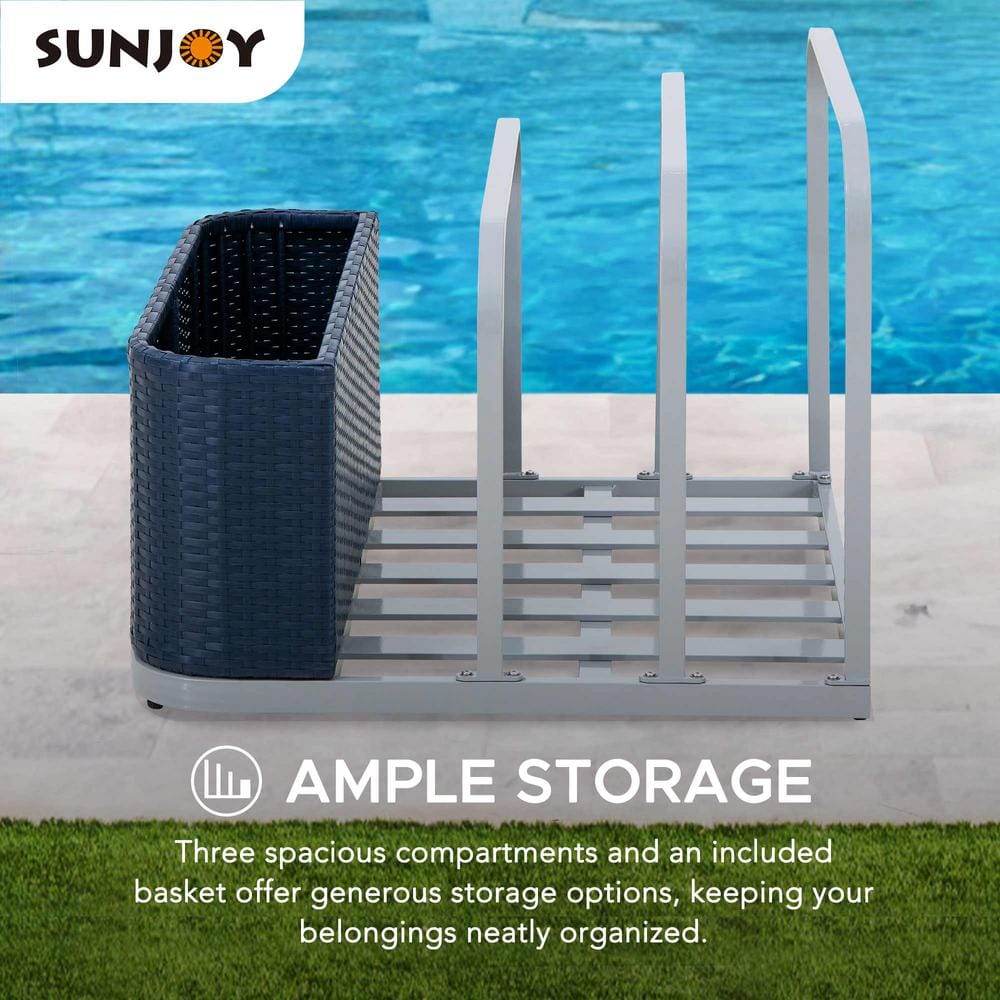 Navy Aluminum and Wicker Pool Float Storage Rack with Basket