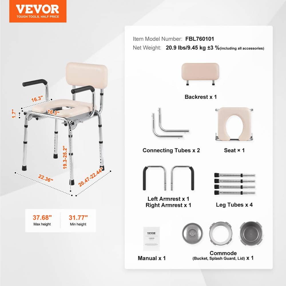 Adjustable Height White Steel Bedside Commode Chair