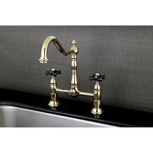 Duchess 2-Handle Bridge Kitchen Faucet with Black Porcelain Cross Handles in Polished Brass