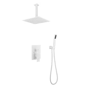 16 in. Ceiling Mounted Dual Shower Head System with Handheld Combo Set in White