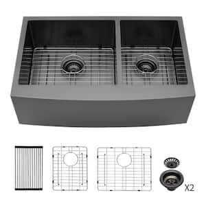 36 in. Farmhouse Bowl 60/40 Double Bowl 16 Gauge Stainless Steel Gunmetal Black Kitchen Sink with Accessories