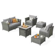 Fontainebleau Gray 7-Piece Wicker Outerdoor Patio Fire Pit Set with Drak Gray Cushions