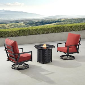 Black 3-Piece Aluminum Patio Fire Pit Set with 2-Club Chairs Red Cushions