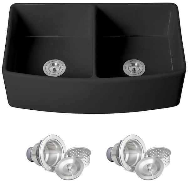 Black Fireclay 33 in. Double Bowl Apron-Front Kitchen Sink with Basket Strainer