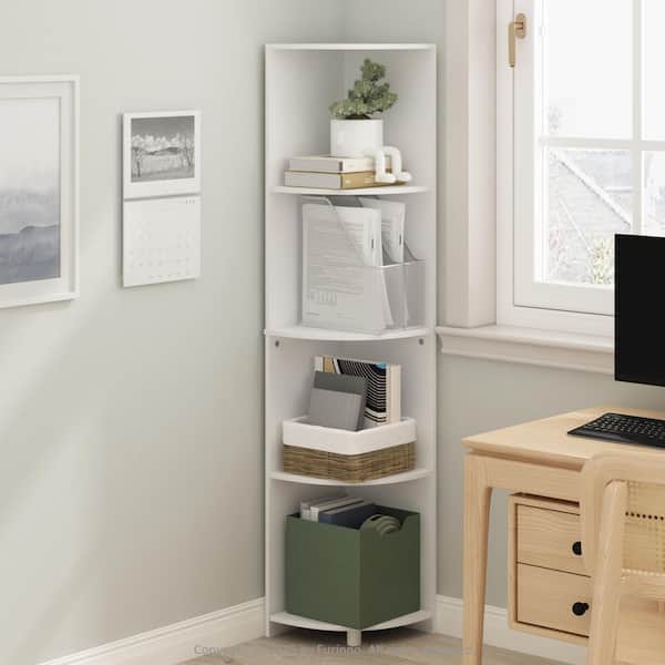 Furinno Basic 57.13 in. Tall White Wood 4-Shelf Corner Bookcase