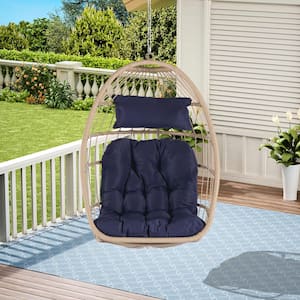 Outdoor 28.7 in. Rattan Egg Swing Chair Hanging Hammock with Cushion in Dark Blue