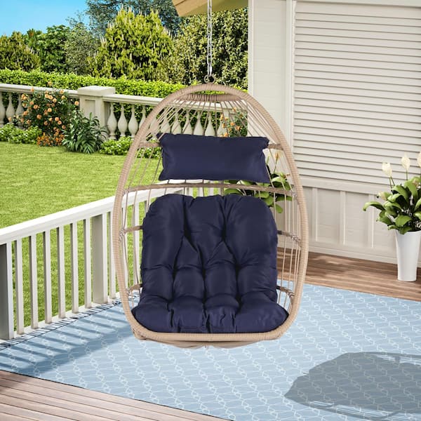 Cesicia Outdoor 28.7 in. Rattan Egg Swing Chair Hanging Hammock with Cushion in Dark Blue