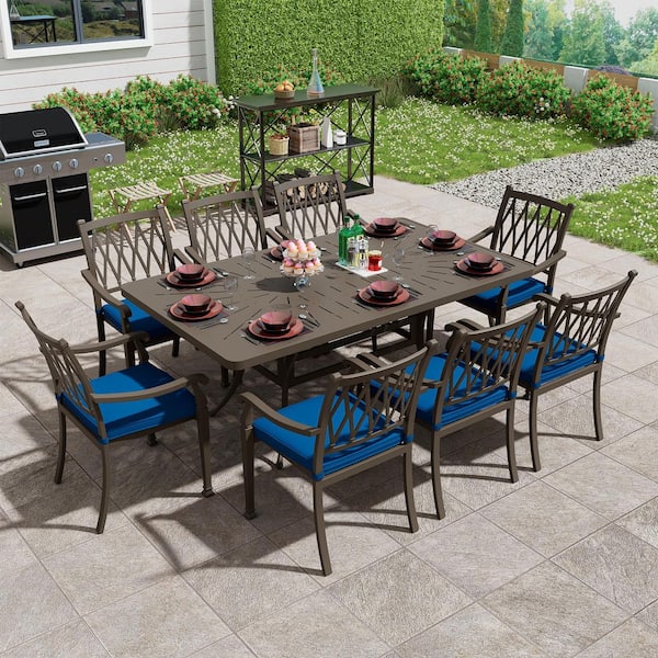 Mondawe 9-Piece Brown Cast Aluminum Outdoor Dining Set with Rectangle Retro Table 8 Dining Chairs with Blue Cushion (Seat 8)