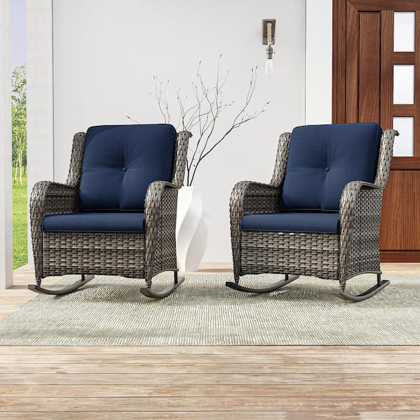 JOYSIDE Wicker Outdoor Rocking Chair Patio with Blue Cushion (2-Pack)