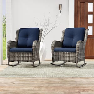 Wicker Outdoor Rocking Chair Patio with Blue Cushion (2-Pack)