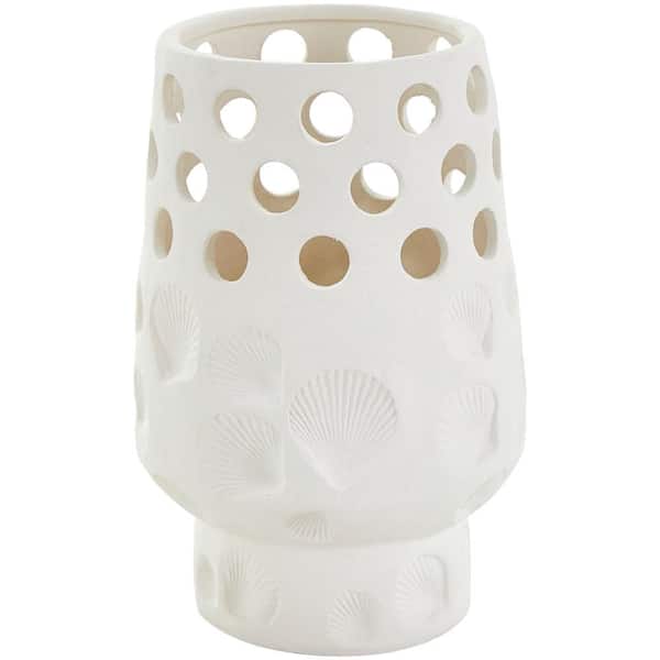 Litton Lane 10 in. White Ceramic Shell Decorative Vase with Circular Cutouts