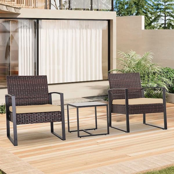 Unbranded 3-Piece Brown Rattan Wicker Patio Outdoor Bistro Set with Brown Cushions, 2-Chairs and 1-Tempered Glass Table