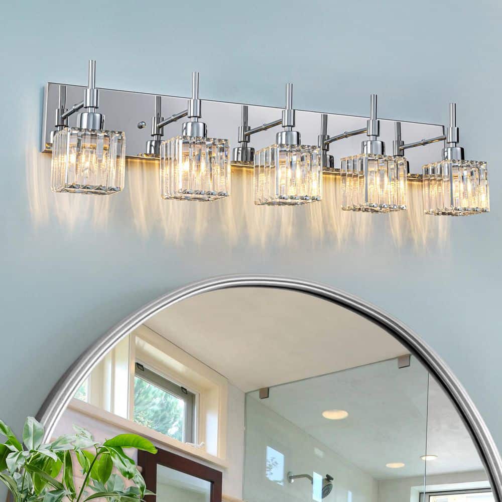 Orillia 33.1 in. 5-Light Chrome Crystal Bathroom Vanity Light with Shades for Bathroom Powder Room Kitchen price history on PriceWatchPro
