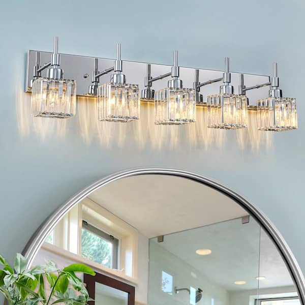 Orillia 33.1 in. 5-Light Chrome Crystal Bathroom Vanity Light with Shades for Bathroom Powder Room Kitchen