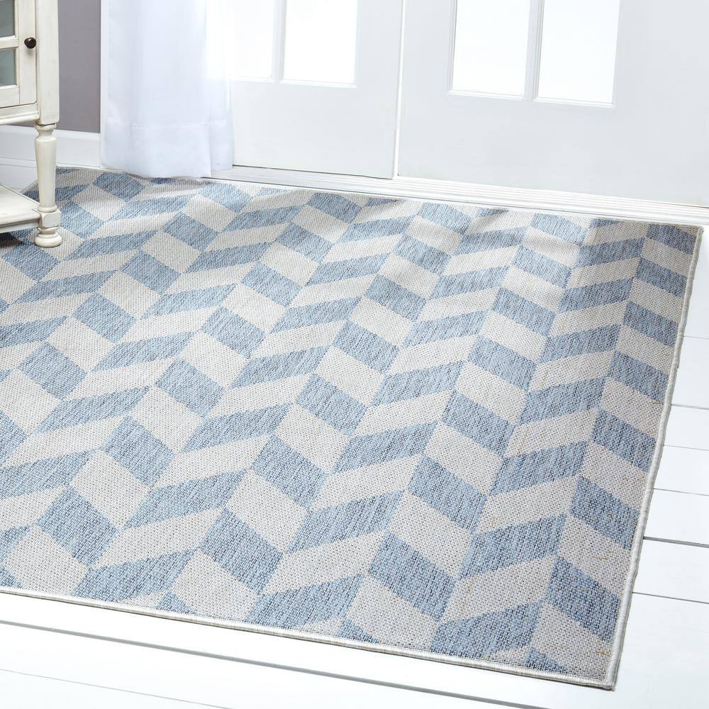 Calla Chic Herringbone 7'9"x10'2" Indoor/Outdoor Area Rug in Blue/Gray