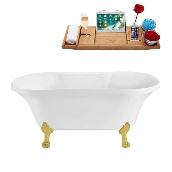 Streamline 60 in. x 32 in. Acrylic Clawfoot Soaking Bathtub in Glossy White with Polished Gold Clawfeet and Matte Pink Drain