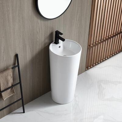 Round 16in. Ceramic Single Hole Pedestal Combo Bathroom Vessel Sink with Overflow Drain in White