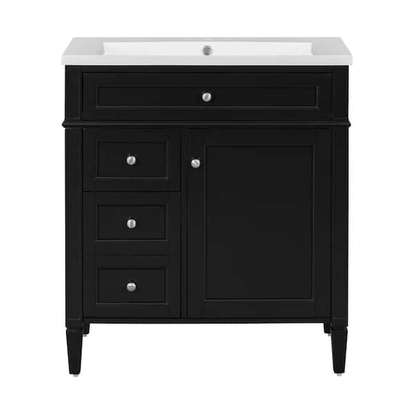 Ziyudura 30 in. Single Sink Freestanding Black Bath Vanity with White Ceramic Top, Adjustable Shelf Tip-out Drawer, 2 Drawers