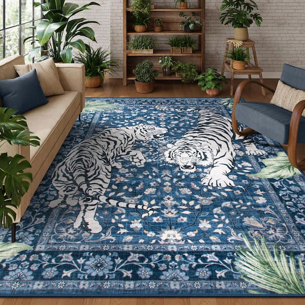 8 ft. x 10 ft. Blue Vintage Tiger Washable Non Slip Soft Living Room Bedroom Area Rug