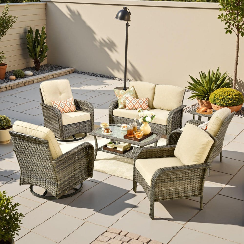 Ataraxia 7 Pieces Wicker Outdoor Patio and Swivel Rocking Chairs with Beige Cushions price history on PriceWatchPro