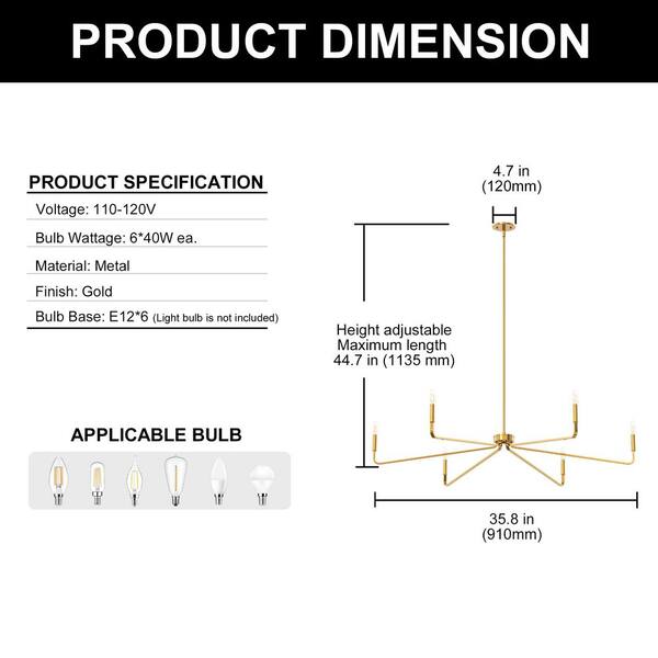 Emeritpro 6-Light Modern Brass Candle Chandelier, Single-Tier