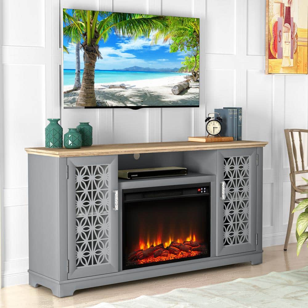 Gray Farmhouse TV Stand with Electric Fireplace and Cabinet