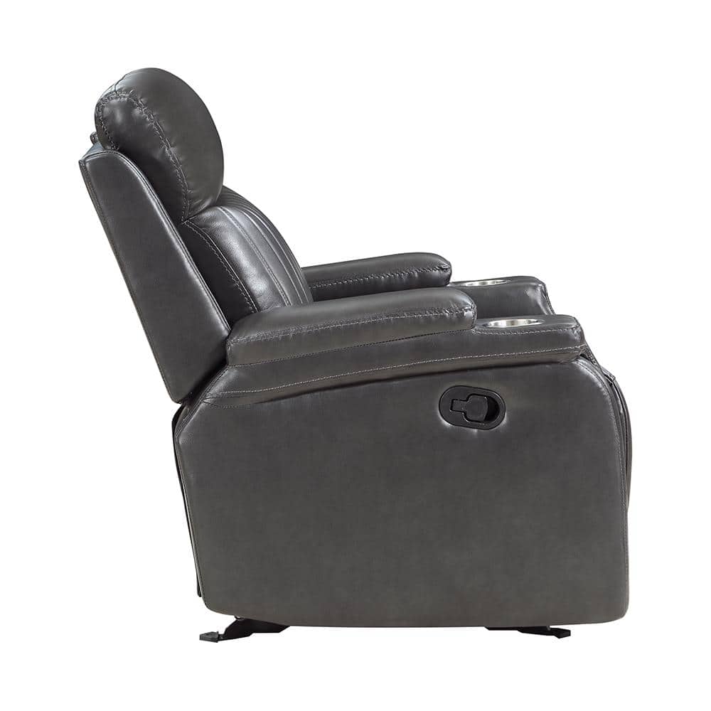 Gray Faux Leather Reclining Sofa with Cup Holders