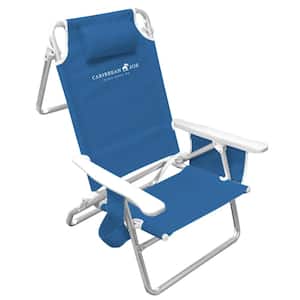 Reclining Beach Chair, Blue, 5-Position, Pillow, Shoulder Strap, Cup Holder, Steel Frame 250 lbs. Capacity