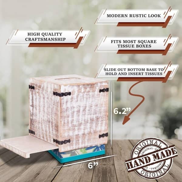 HomeRoots 6 .5 in. Rustic White Rustic White Mango Wood Square Tissue Holders (Set Of 2)