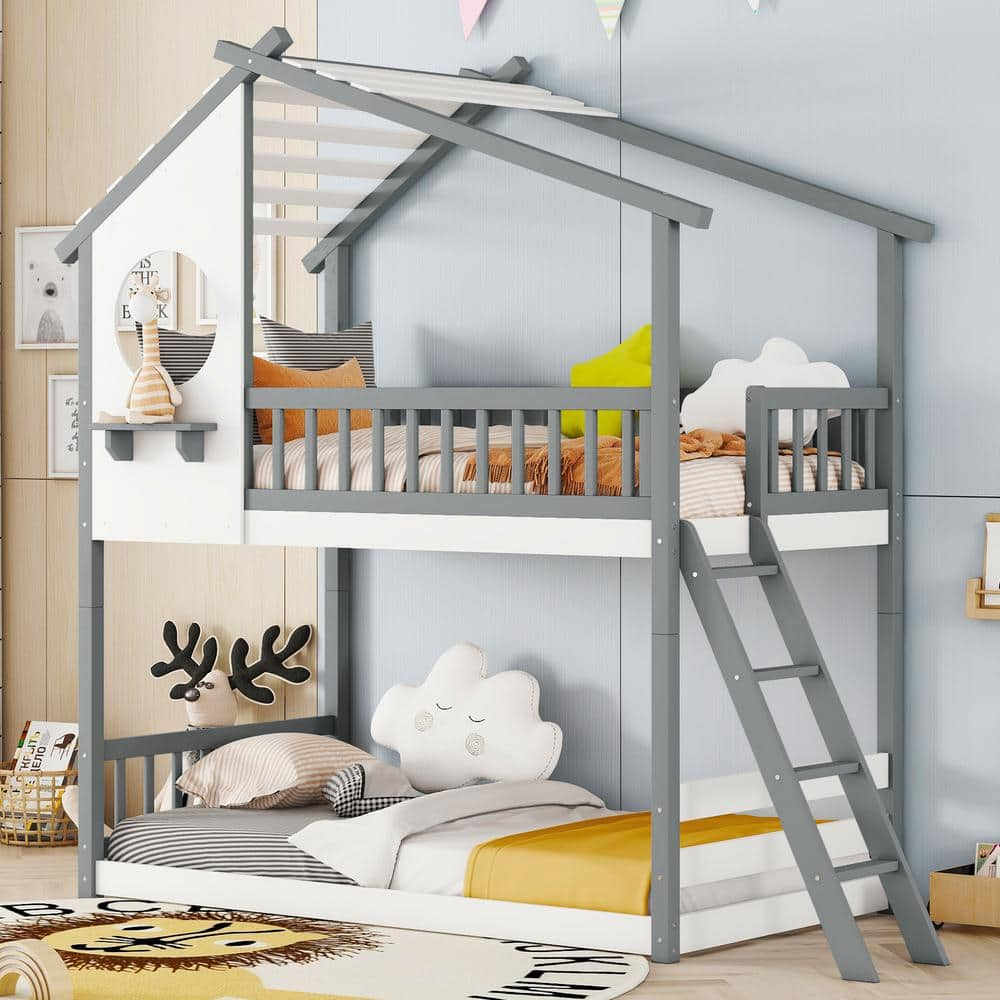 Harper & Bright Designs Gray Twin Over Twin Wood Bunk Bed with Roof ...