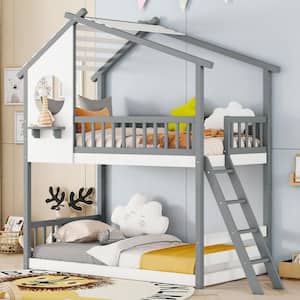 Gray Twin Over Twin Wood Bunk Bed with Roof, Window and Ladder