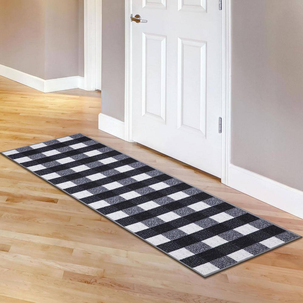 Black and White Checkered Synthetic Runner Rug, 20" x 59"